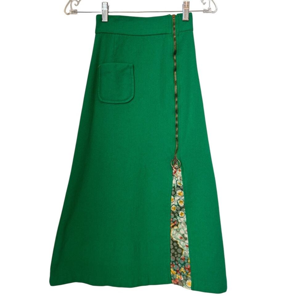 Vintage Wool Green high waist retro midi exposed reverse zipper skirt size XXS